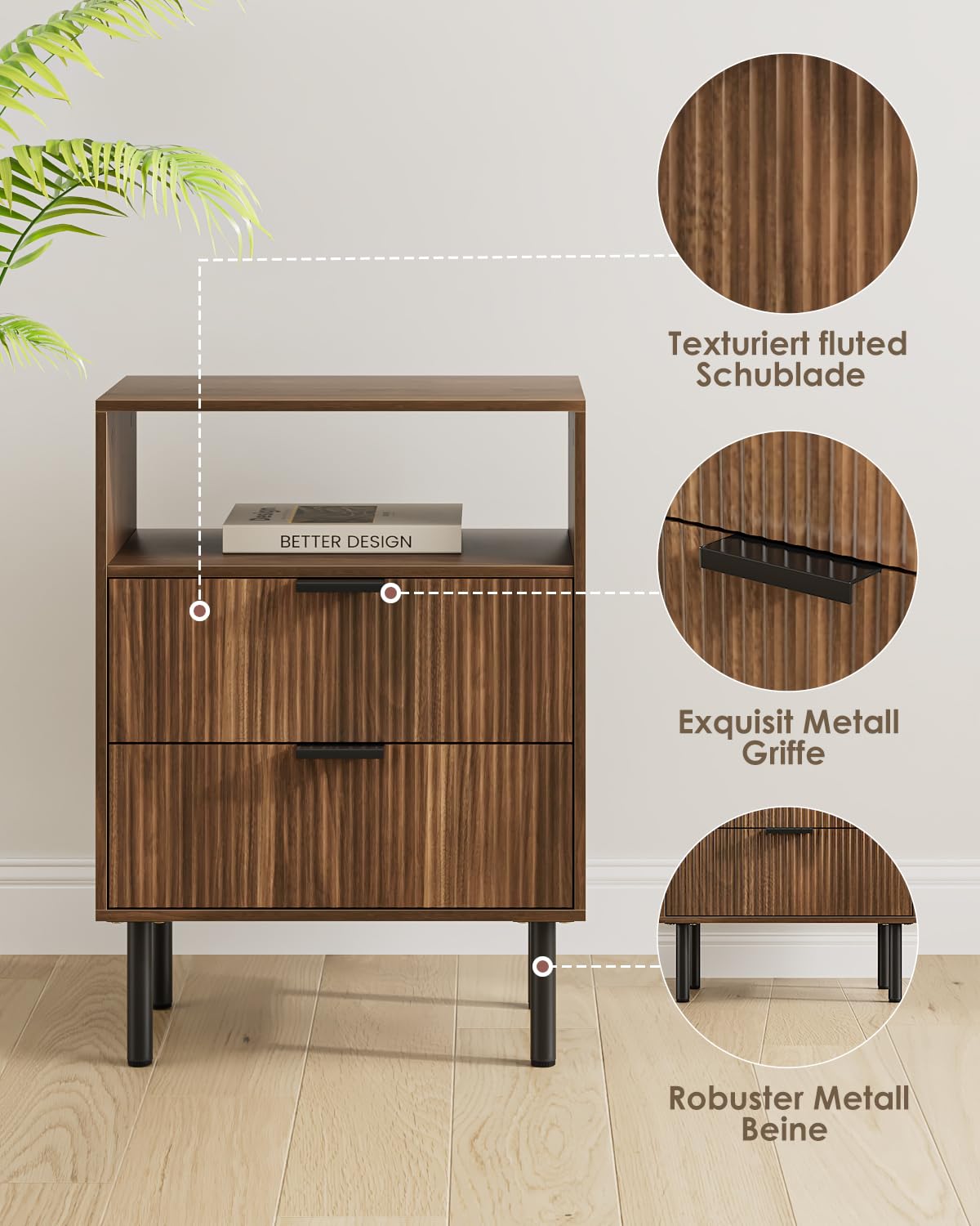 Nachttisch mit 2 Schubladen, Nachtschrank Holz, Walnuss