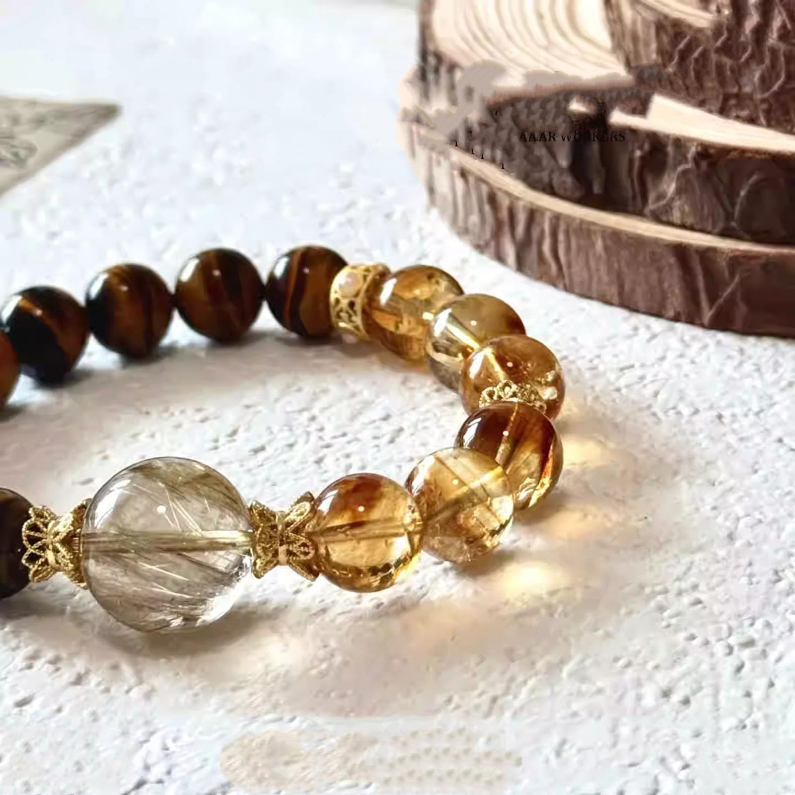 Bracciale con Perline Chakra con Cristalli di Pietra preziosa Occhio di Tigre, Perline di Cristallo Naturale Quarzo rutilato Dorato Perline di Pietra Lisce Rotonde Lucide, Perline,10MM
