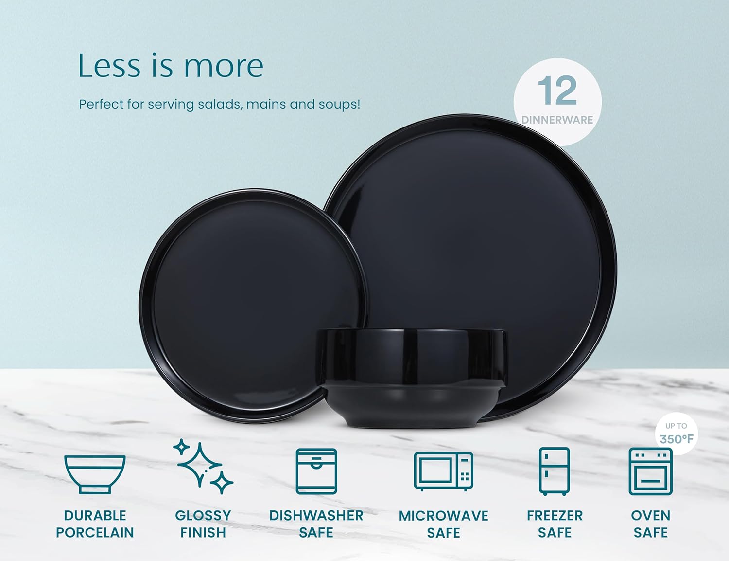 Ceramic Dinnerware Set, 12-Piece Service for 4, Soup Bowls (31.5 oz), Salad Plates (7.5"), Dinner Plates (10.5"), Round, Microwave and Dishwasher Safe, Black, Cambridge Classics image 5 of 6 B0D2DWWNKK