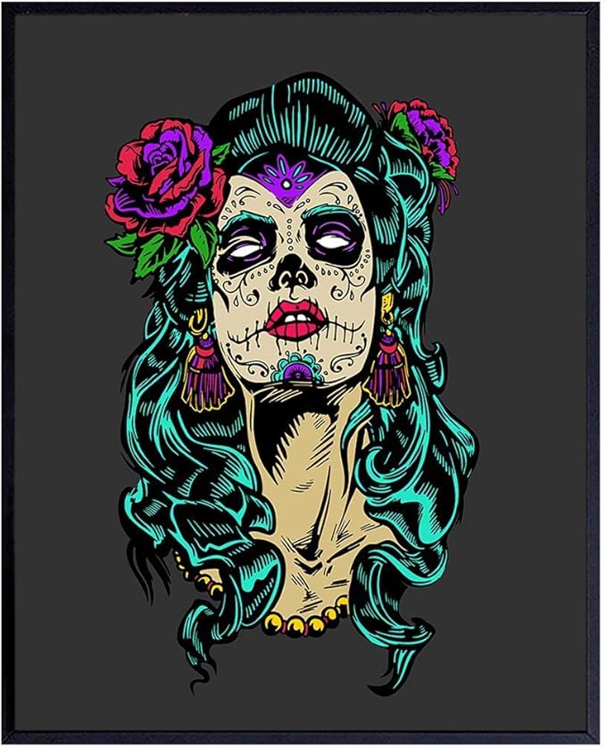 Mexican Wall Art Decor - Sugar Skull Decor - Day of the Dead Mexican Wall Art - Gothic Home Picture - Goth Room Artwork for Halloween - Folk Art - Unique Gift - Creepy Scary Witch Poster Print