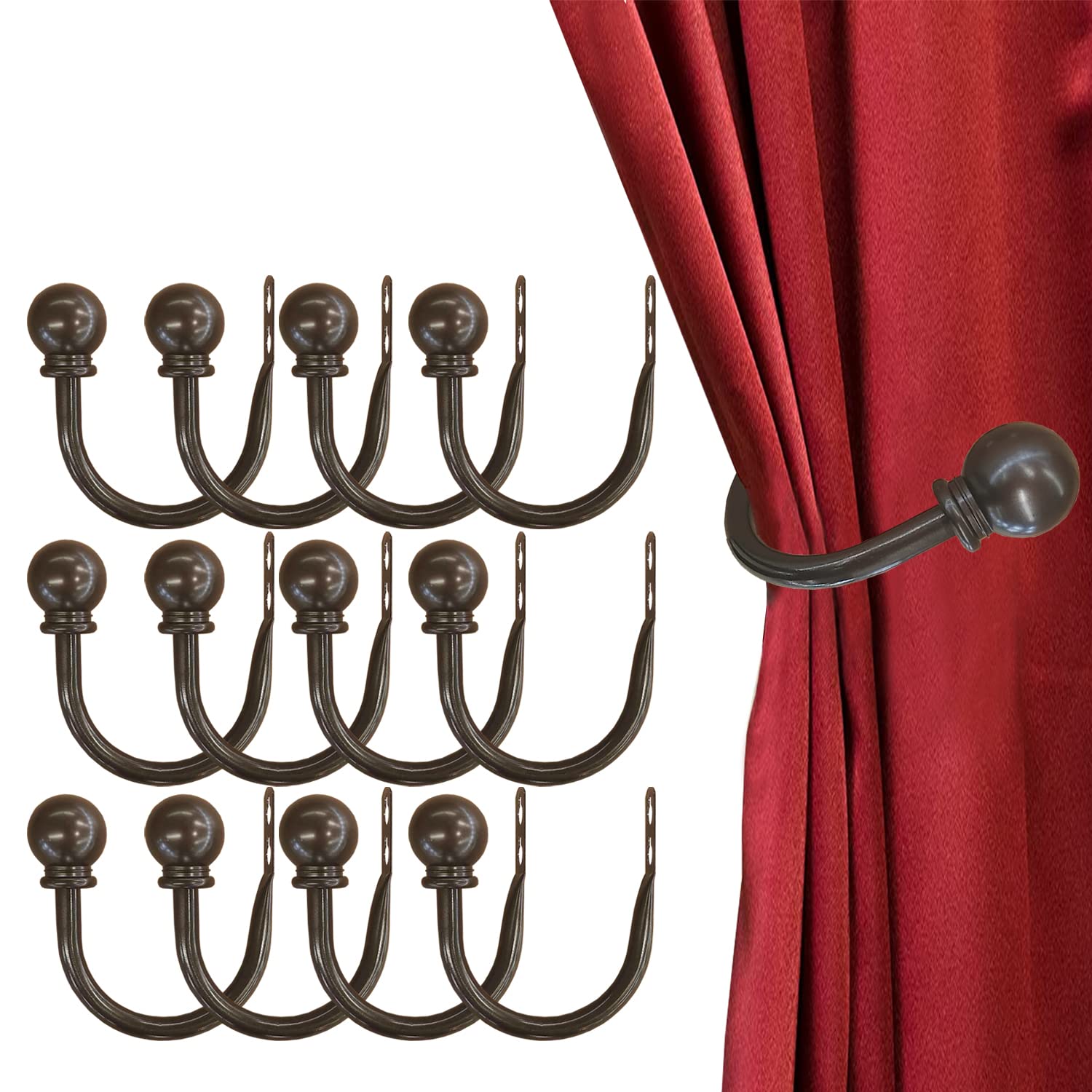 Kowibcl Curtain Holdbacks, Curtain Hooks for Drapes with Screws Wall Mounted, Decorative Drapery Holdbacks for Bedroom Livingroom Office, Medium Bronze Ball Finials Curtain Tiebacks (12pcs)