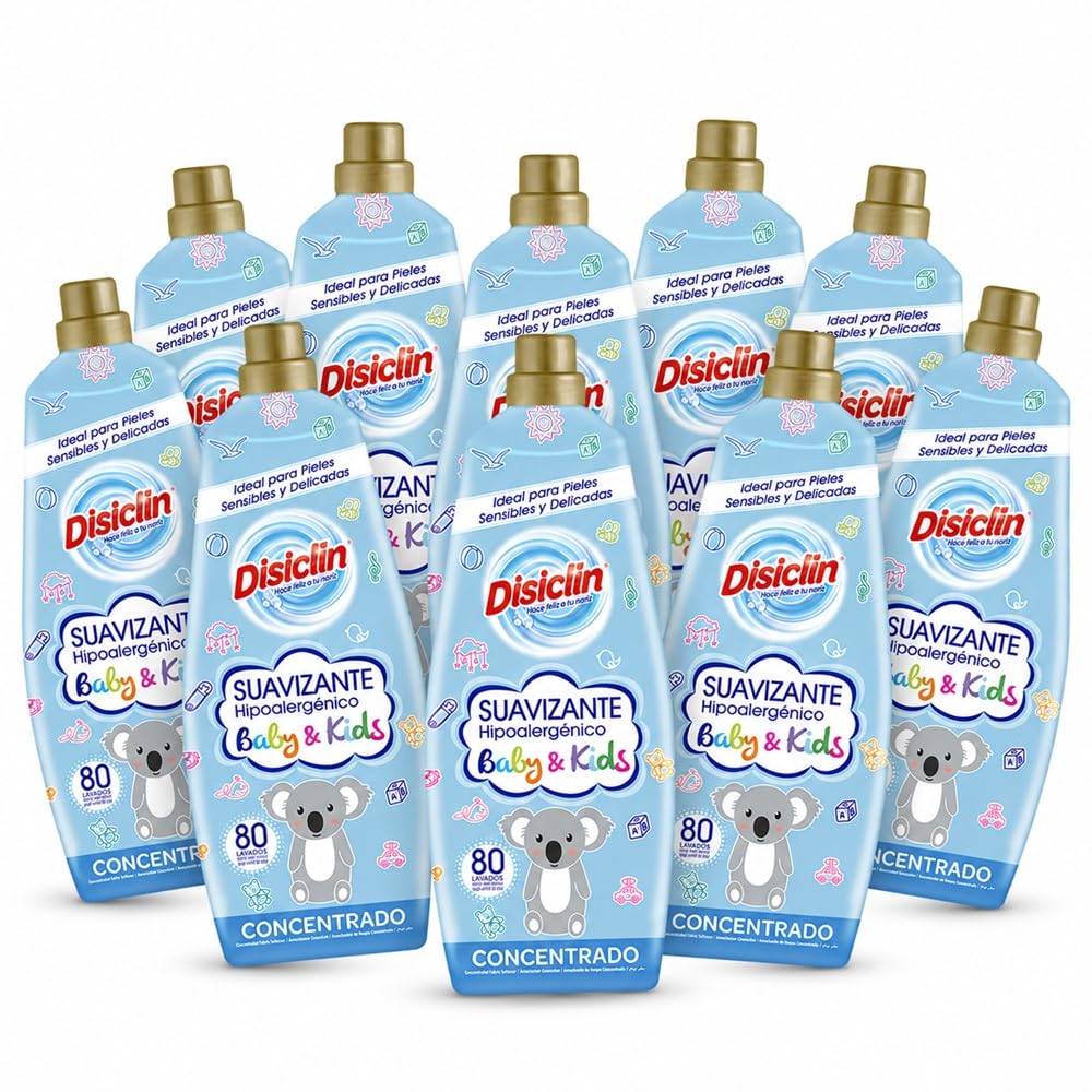 Disclin Baby & Kids | Pack 10 unidades Suavizante Concentrado Hipoalergénico Ideal para Ropa de Bebé y Niño | Aroma Suave y Fresco | Pieles Sensibles y Delicadas | 80 Lavados - 1440 ml | RASMACOR