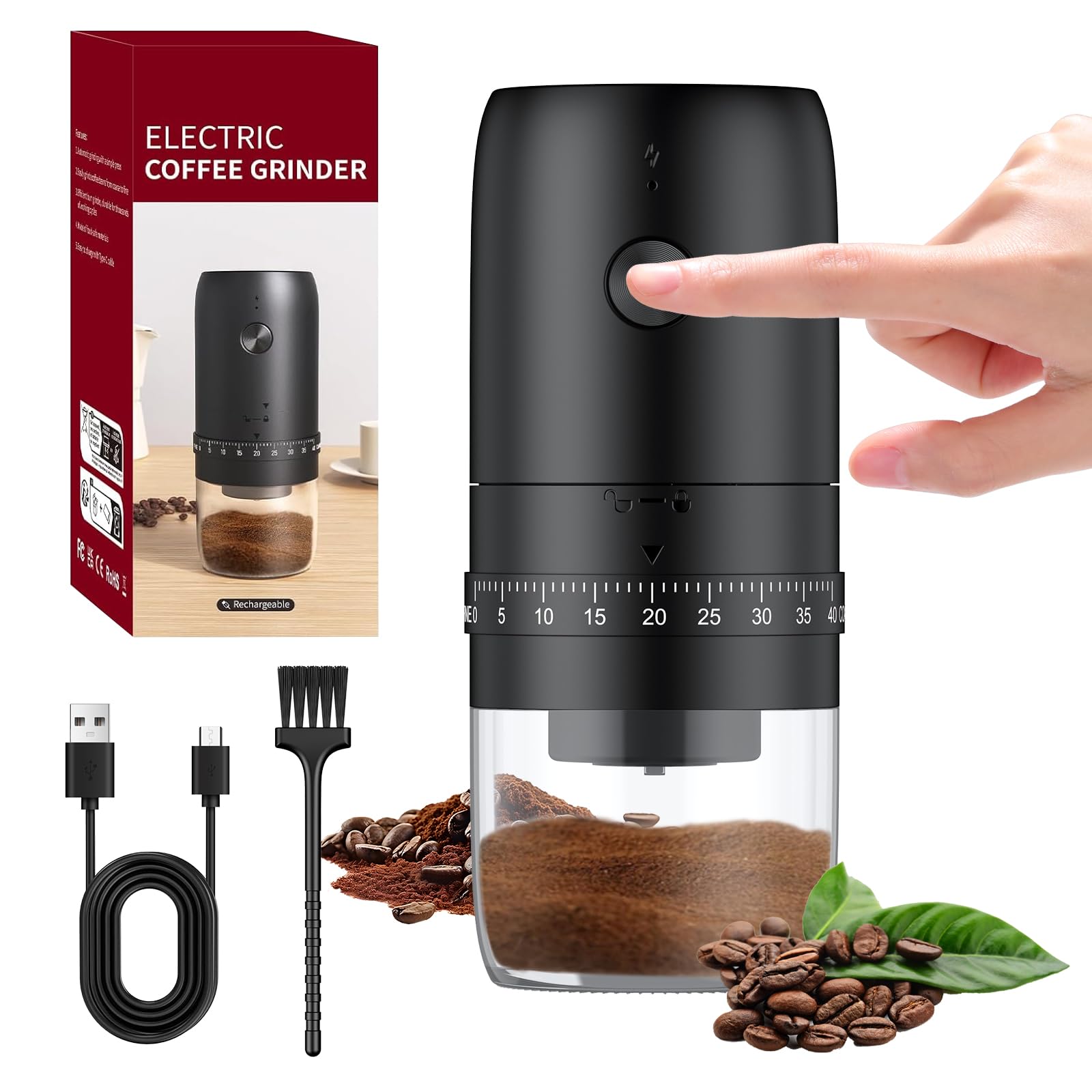 Pawfly Wiederaufladbare Kaffeemühle 40 stufig Keramikkegelmahlwerk mit Auto-Stop & Reinigungsbürste Elektrische Profimühle für Reise Camping