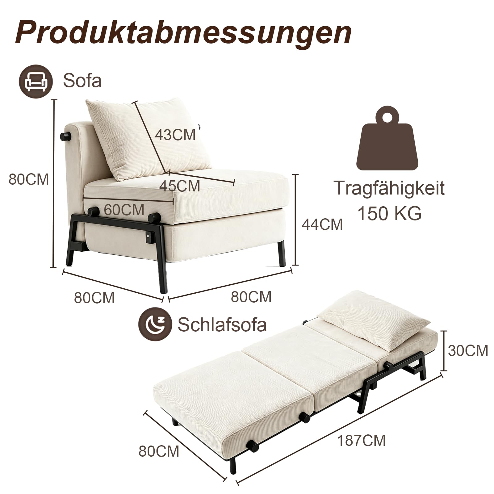 Generisch 2-in-1 Schlafsofa mit Bettfunktion, Cord Schlafcouch mit Kopfkissen, Bequeme Schlafcouch für Kleine Wohnzimmer, Schlafzimmer und Gästezimmer