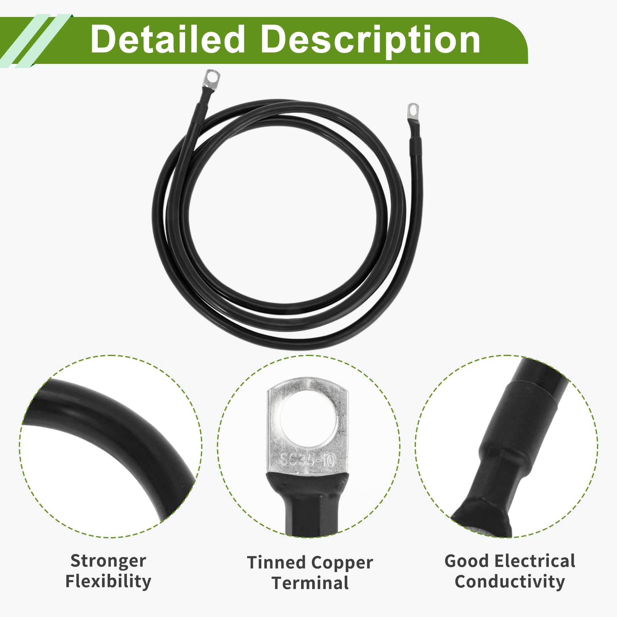 Uniwersalny kabel falownika akumulatora 3/8" z końcówką 2 AWG, długość 9 stóp, miedź cynowana, 1 sztuka, czarny