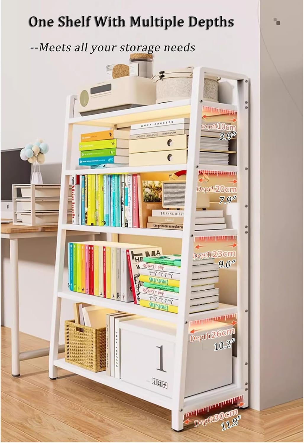 Ladder Shelf, 3/4/5-Tier Carbon Steel Bookshelf, Freestanding Storage Rack, Display Stand for Bedroom, Living Room, Home Office (White, 5-Tier 27.6in)