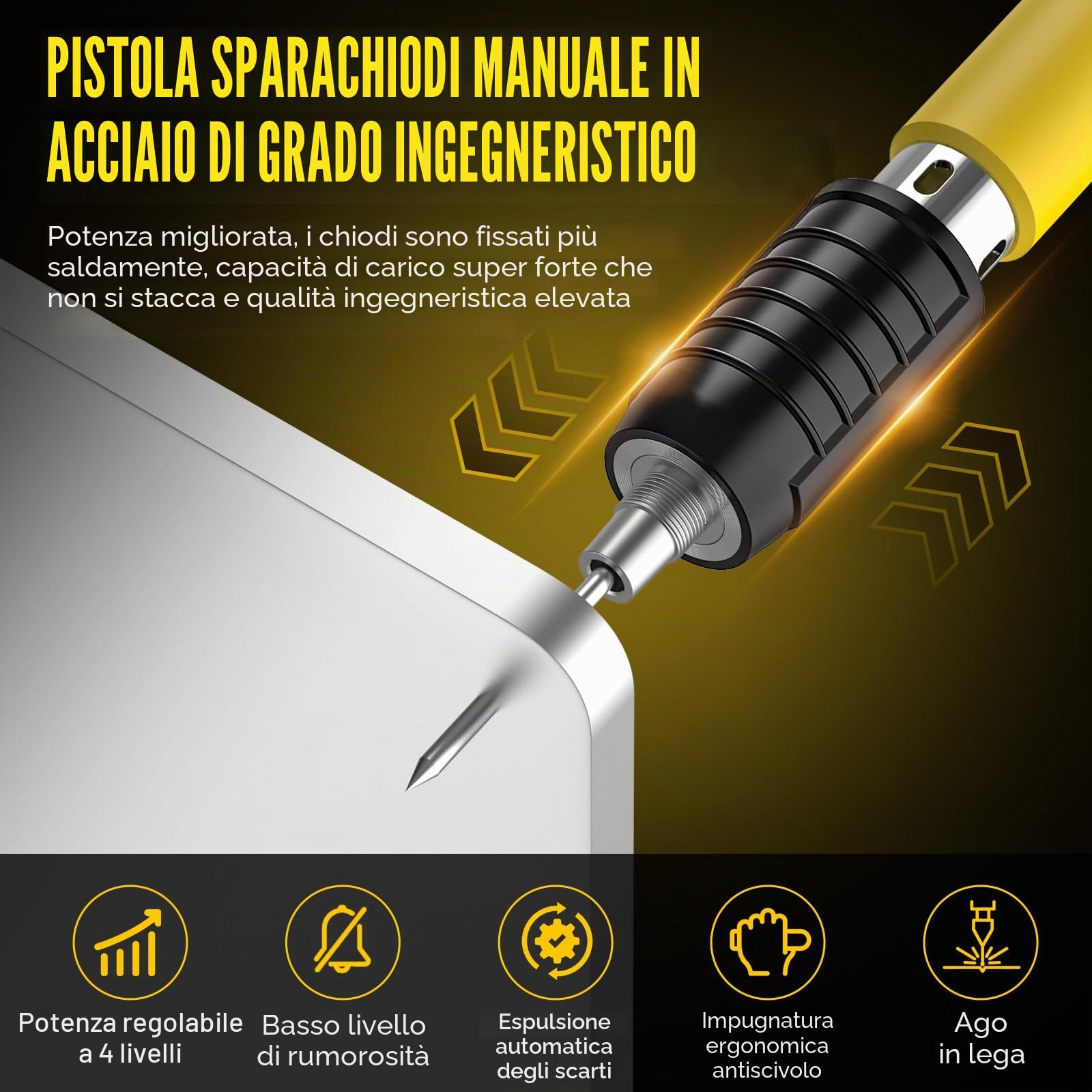 Sparachiodi per Cemento, Pistola Chiodatrice per Cemento Manuale con 100 Chiodi professionali, 5 Livelli di Potenza Regolabili, Scarico Automatico delle Scorie, Pistola Sparachiodi per Muro, Mattone