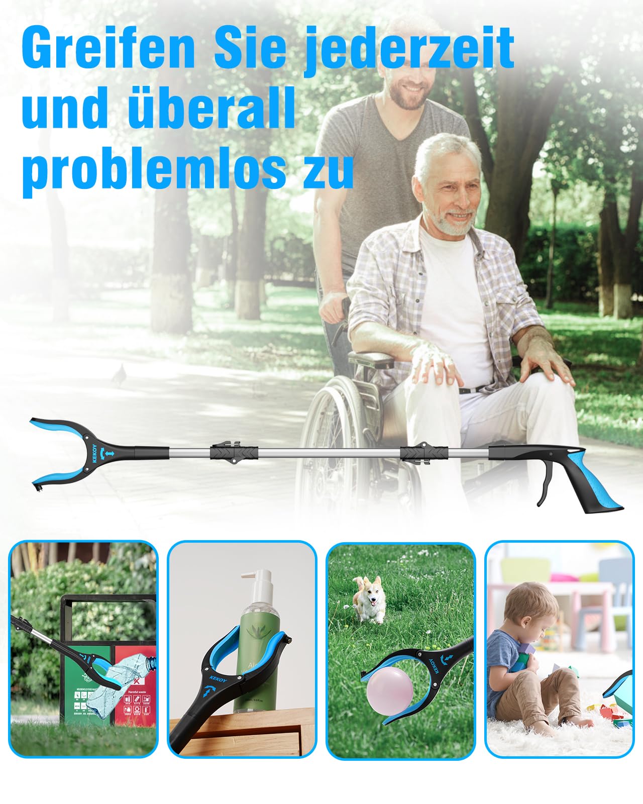 Kekoy Zbieracz śmieci 40'' dla dorosłych, bardzo długi przenośny kij chwytający dla osób starszych, pomocna dłoń chwytająca dla niepełnosprawnych, narzędzie do podnoszenia (Błękitny, 101cm)