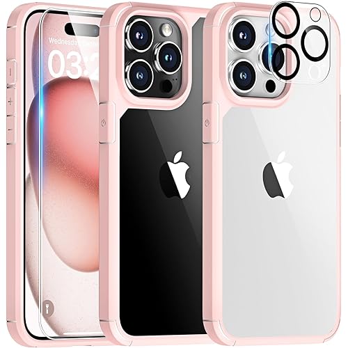 TAURI 5 in 1 for iPhone 15 Pro Max Case, with 2X HD Screen Protectors + 2X Camera Lens Protectors, [Military Grade Drop Protection] Shockproof Case for iPhone 15 Pro Max 6.7 Inch Pink