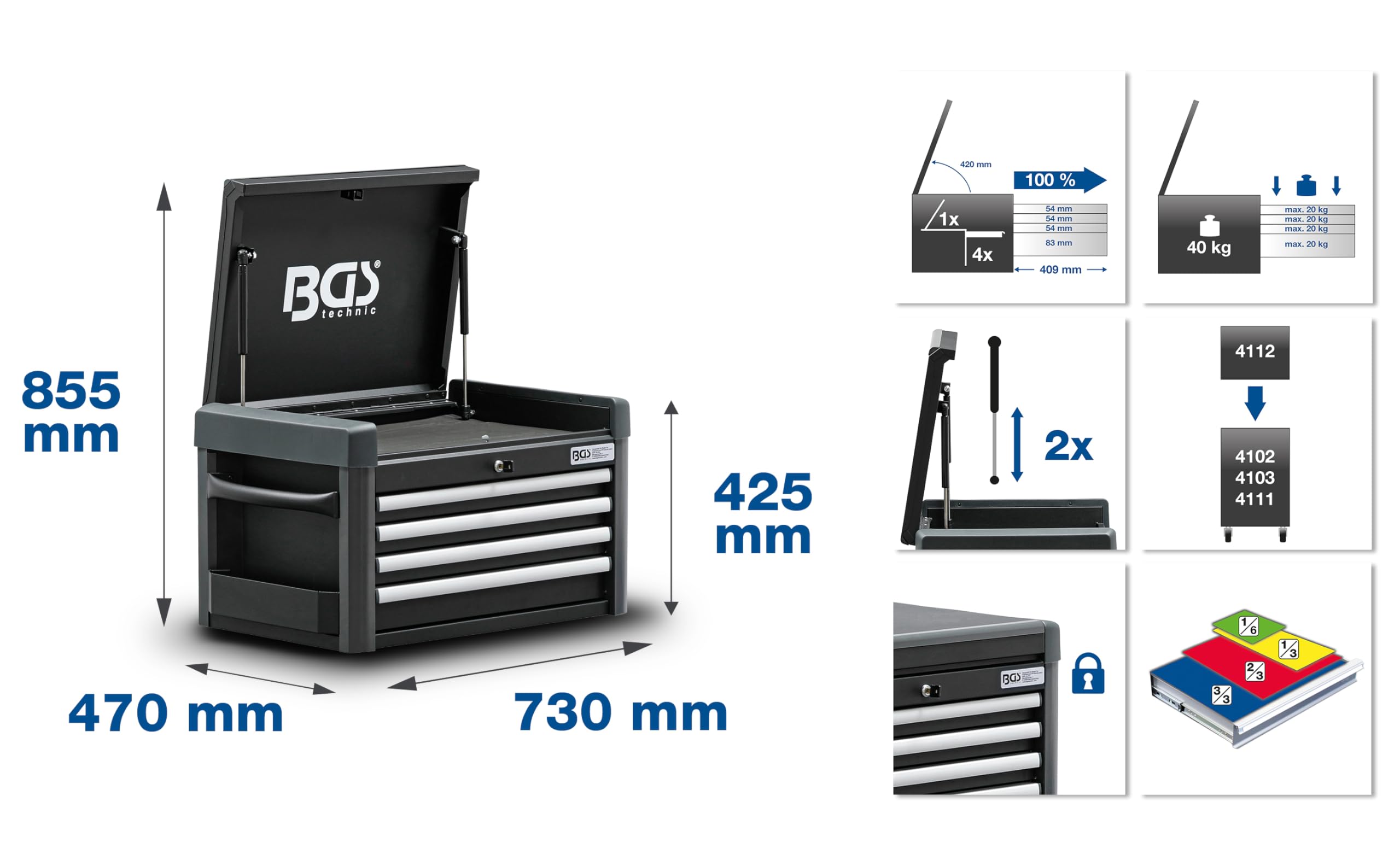 BGS 4112 | Caja de herramientas para carro de taller PROFI | 4 cajones | vacío