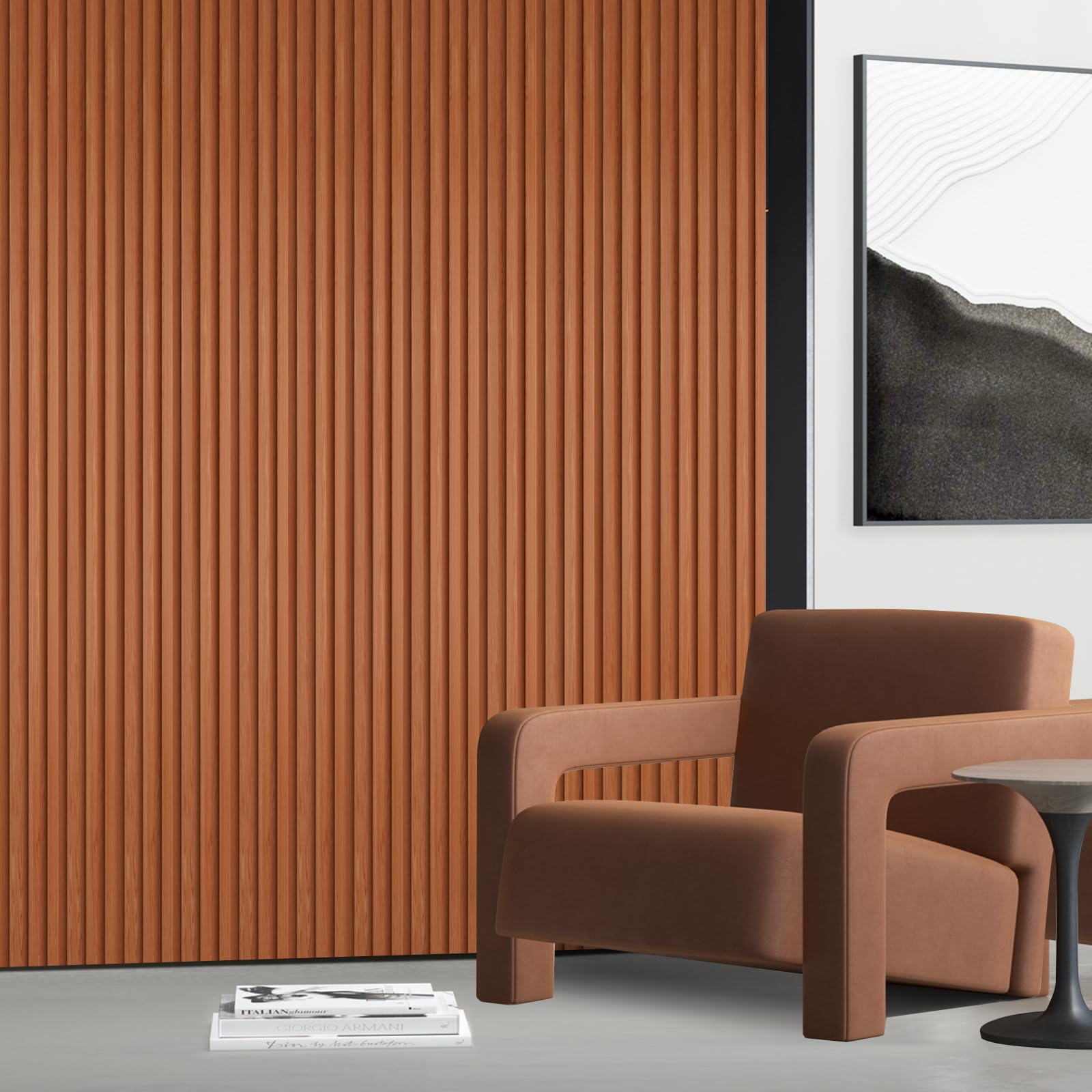 ouzugie wpc acoustic slat wall paneling, 8-pack 96 x 6 inches 3d wall panels for interior wall decor,living room,tv background,study room,office spaces,bedroom,low grille (teak)