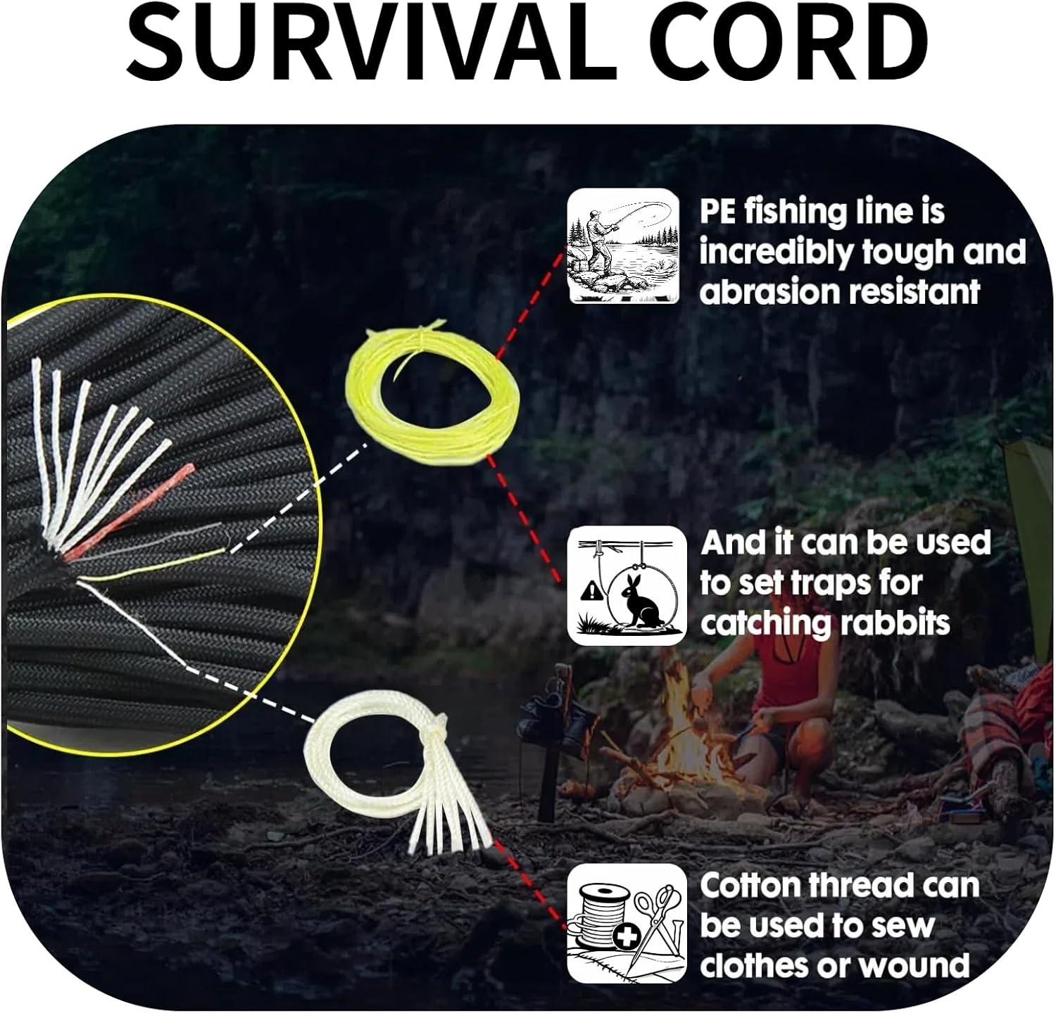 Survival Paracord 550 Fire Paracord Survivor Cord Nlyon Rope 10 Strands US Military Type III 550 Parachute Cord with Integrated Fishing Line, Fire-Starter Tinder 4 in 1 (Black, 100FT)