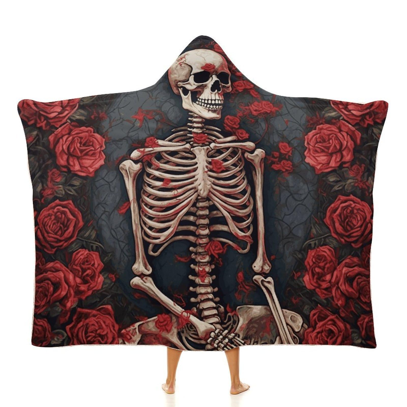 LDGSUPH Skeleton with Roses Hooded Blanket Soft Wearable Blankets Cozy Hoodie Throw Cloak Wrap Poncho Cape Blanket 60"x80"