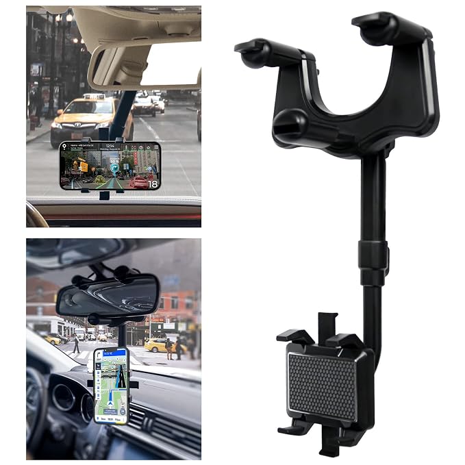 New Hanging Car Rear View Mirror Mobile Phone Holder Mount Stand 360 Degree Rotational Compatible with All Smartphones