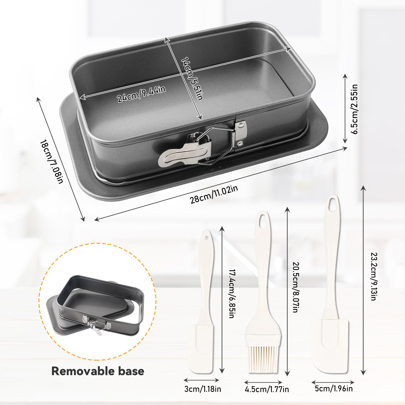 Backform Rechteckig, Springform Eckig Set Antihaft Kuchenform, Kleine Backformen mit Servierboden & 3 Silikon Teigschaber, für Käsekuchen, Tiramisu und Heimbacken