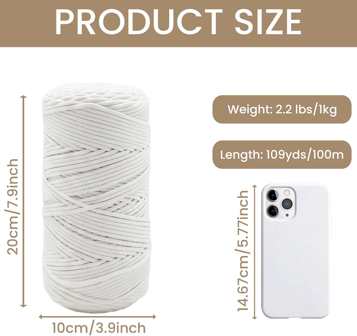 109 Yards 4mm Soft 4 Strand Twisted Cotton Macrame Cord White