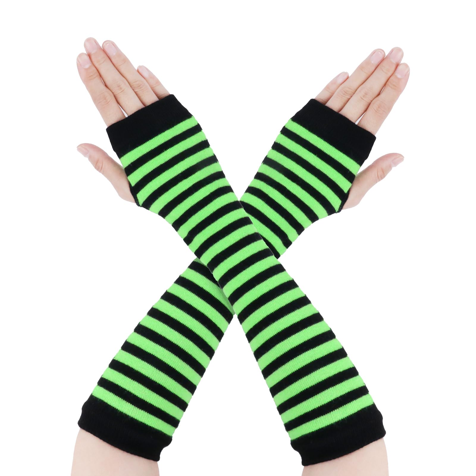 Goth Arm Warmers Emo Punk Fingerless Gloves Y2K Kawaii Arm Sleeves Halloween Costume Femboy Long Stripe Gloves Black-Light Green