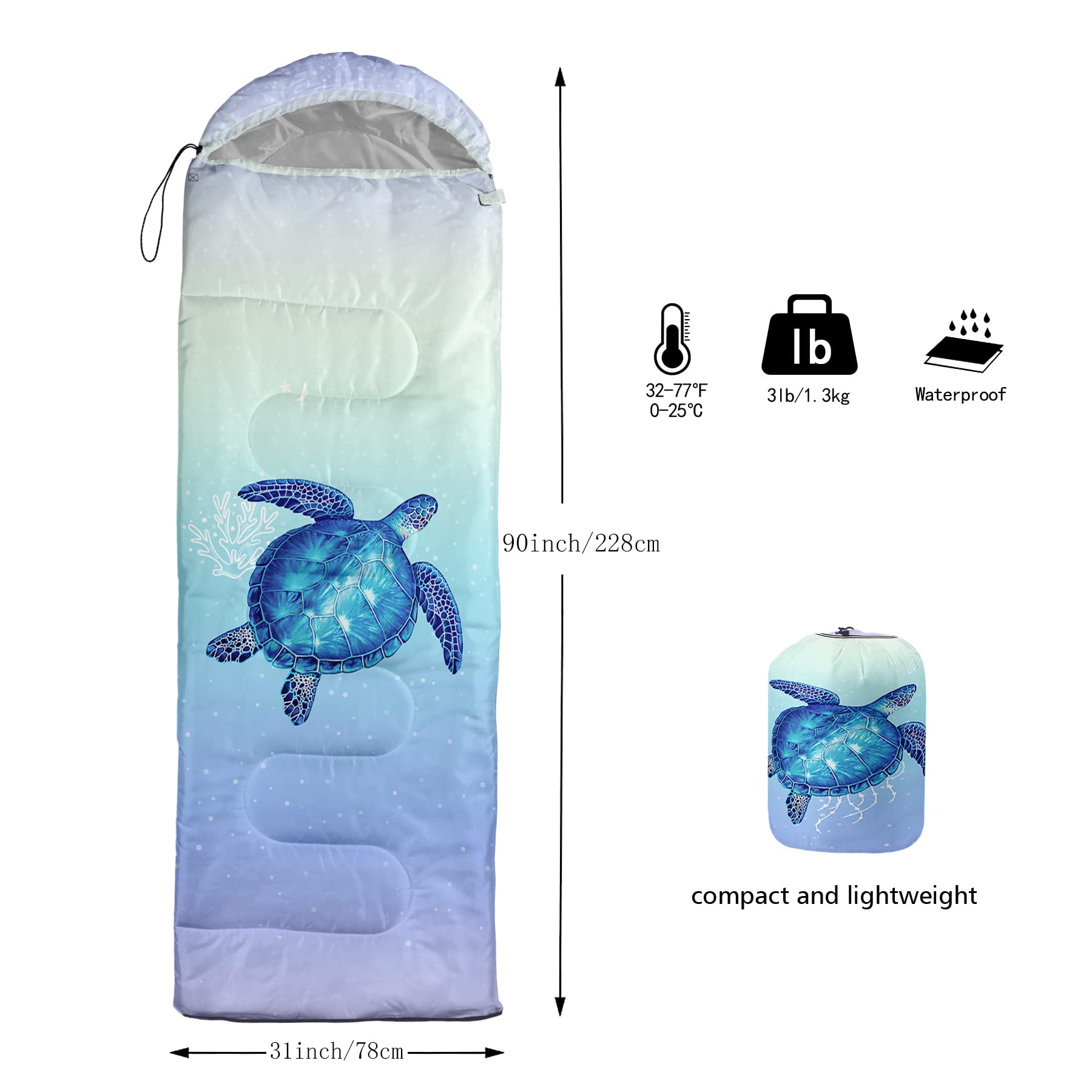 QOOMO Sacos de Dormir de Camping con diseño de Tortuga, 3 Estaciones, Clima cálido y Fresco, Ligero, Impermeable, Sacos de Dormir para Adultos y niños, Viajes y Exteriores, Equipo de Camping, 78,7 x