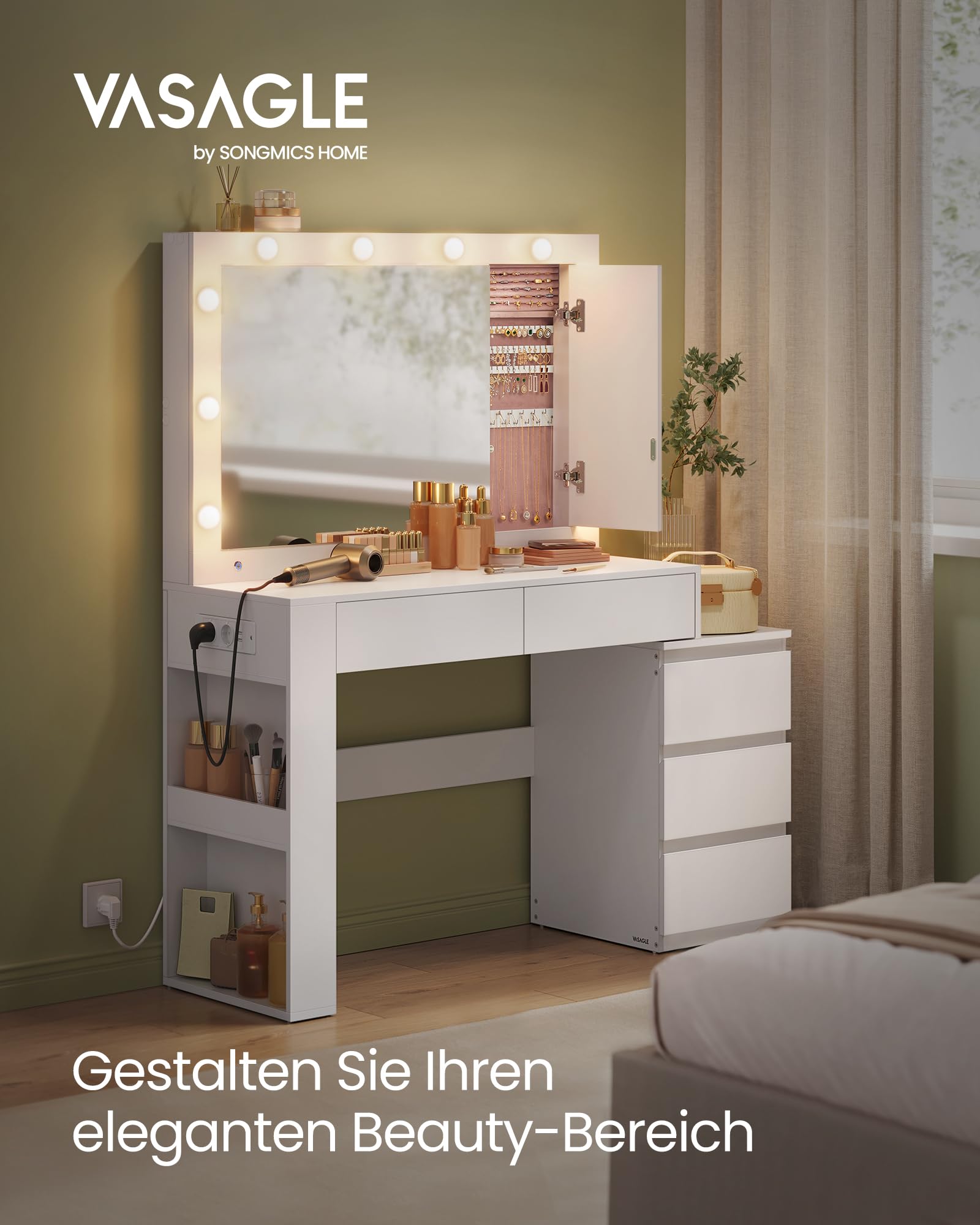 VASAGLE Kailyn Kollektion - Schminktisch mit LED-Beleuchtung, Frisiertisch mit Spiegel, Steckdosenleiste, 40 x 125 x 140 cm, Kosmetiktisch mit Schubladen, wolkenweiß RDT127W01