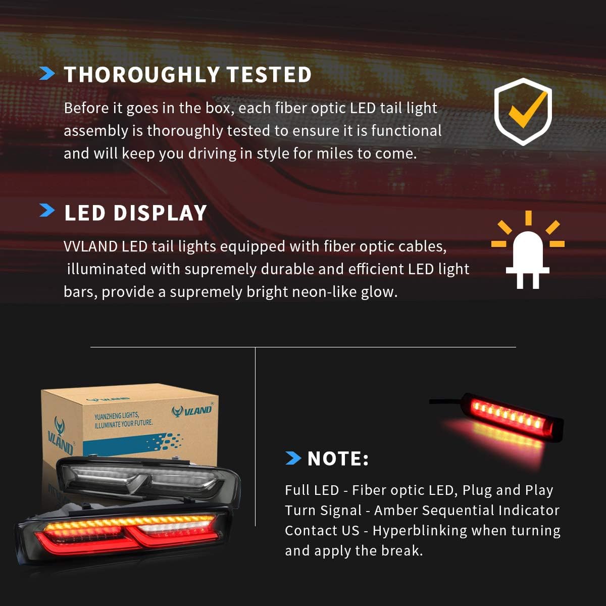 VLAND Led Tail lights Compatible with Chevrolet Camaro 2016 2017 2018 w/Amber Turn Signal w/Sequential (US Plug), Smoke Clear Lens Rear Lamp Assembly with Passenger& Driver Sides