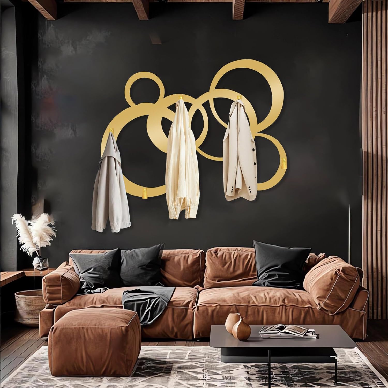 Geometric Coat Rack, Modern Circular Wall Mount, Circles Wall Decor, Abstract Round Hat Clothes Keys Holder, Modern Art Coat Rack, Entryway Room Wall Decor (Gold, 22"x30"|56x76cm)