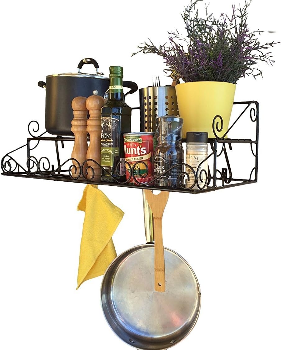 Steel 2 Tier Pot Rack and 10 Hooks, 23.5 Inch, Black