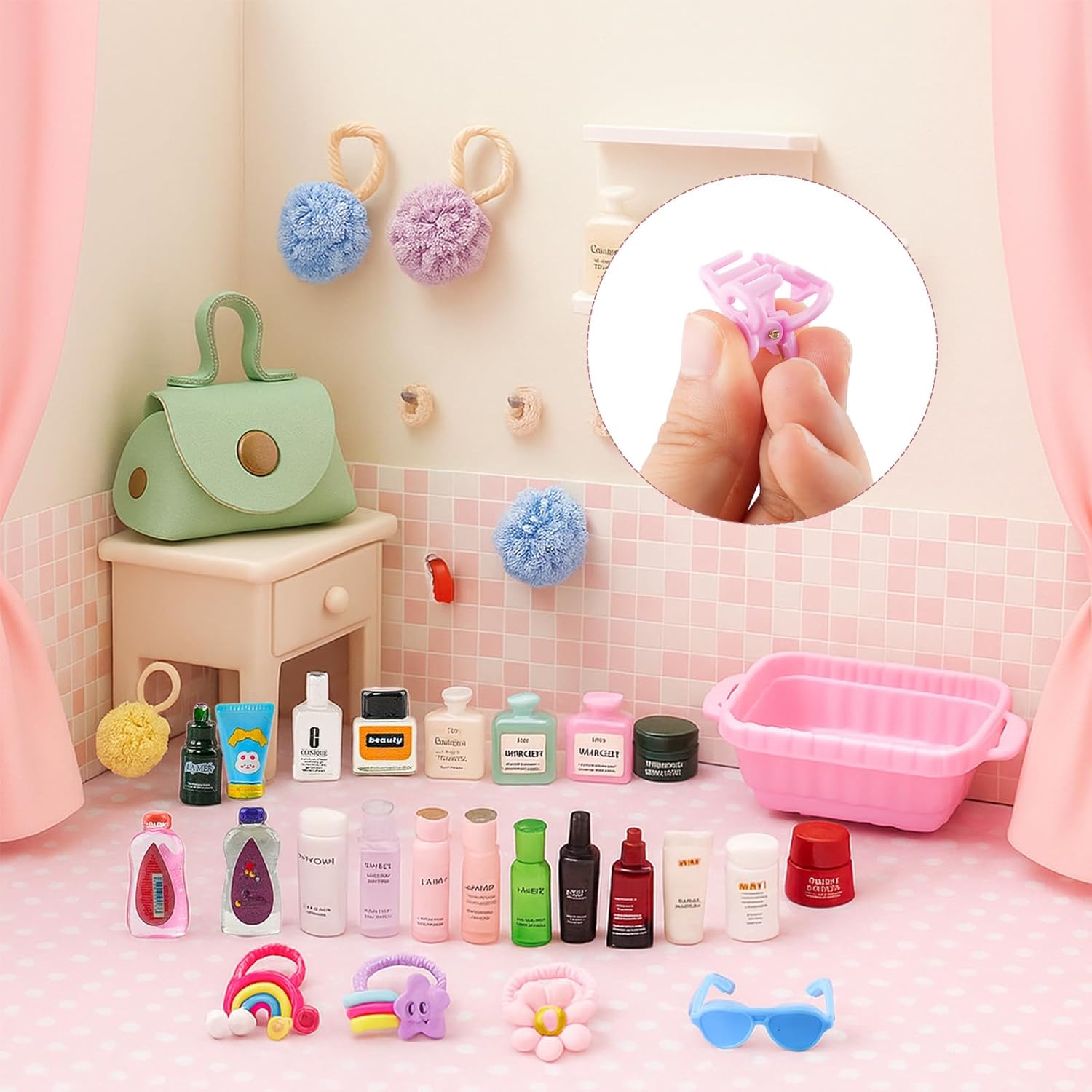 93 PCS Miniature Dollhouse Accessories Dollhouse Bathroom and Makeup Set with Towel Toothbrush Shampoo Toiletries Mini Perfume Shoes Backpack for Girl Micro Scene