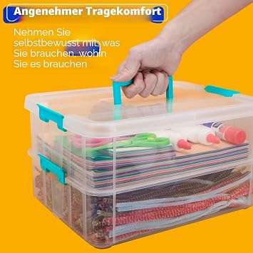 Creahaus 2-Tier Plastic Storage Box with Lid Stackable Storage Box for Crafts Sewing Makeup Nail Care Accessories (Blue)
