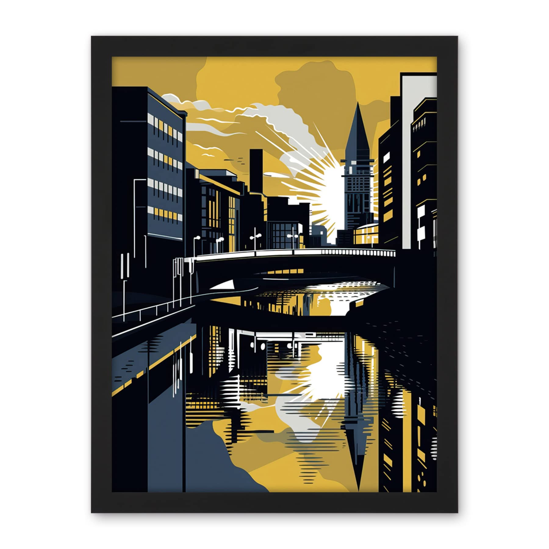 Artery8 Glasgow Scotland River Cityscape Sunrise Geometric Artwork Framed Wall Art Print 18X24 Inch