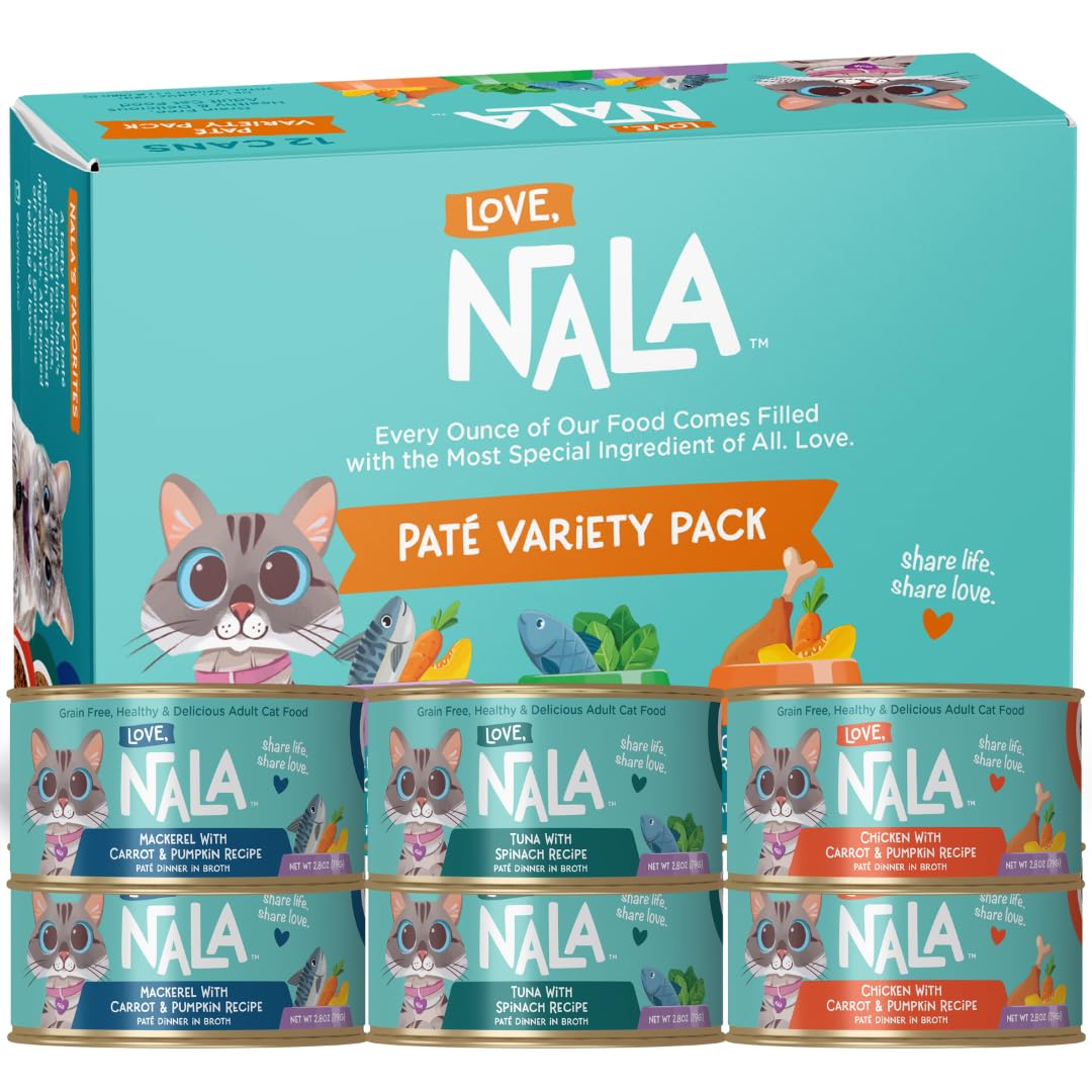 LOVE, NALA - Natural Adult Cat Wet Food - Pate Variety Pack - Tuna, Chicken, Mackerel - Grain Free, Non-GMO, Fiber Blend, Minerals, Vitamins - 12 Pack