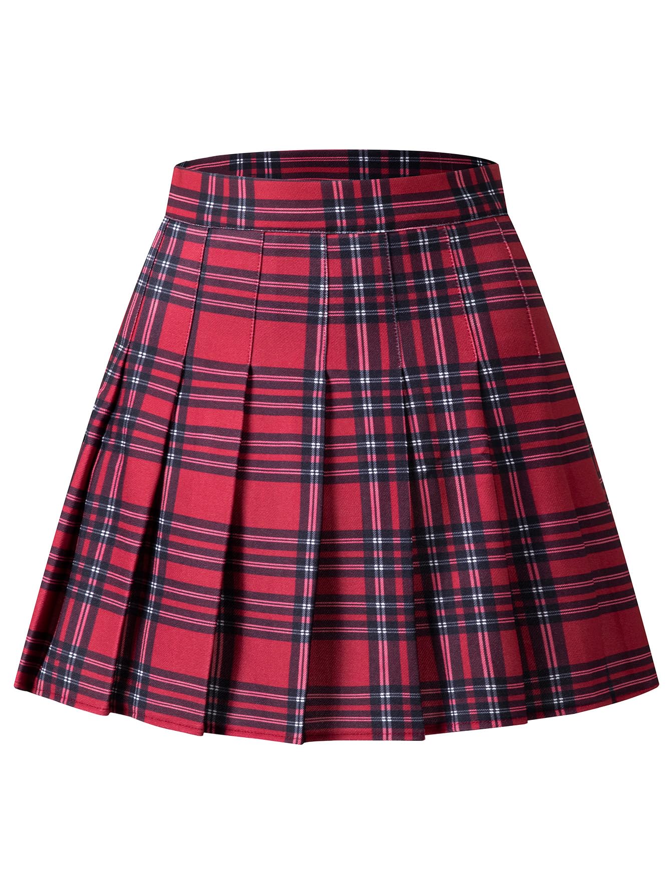 Shestellar Stretchy Short Pleated Skirts for Women Cheerleader Uniform High Waist A-line Mini Skirt Red Plaid XL