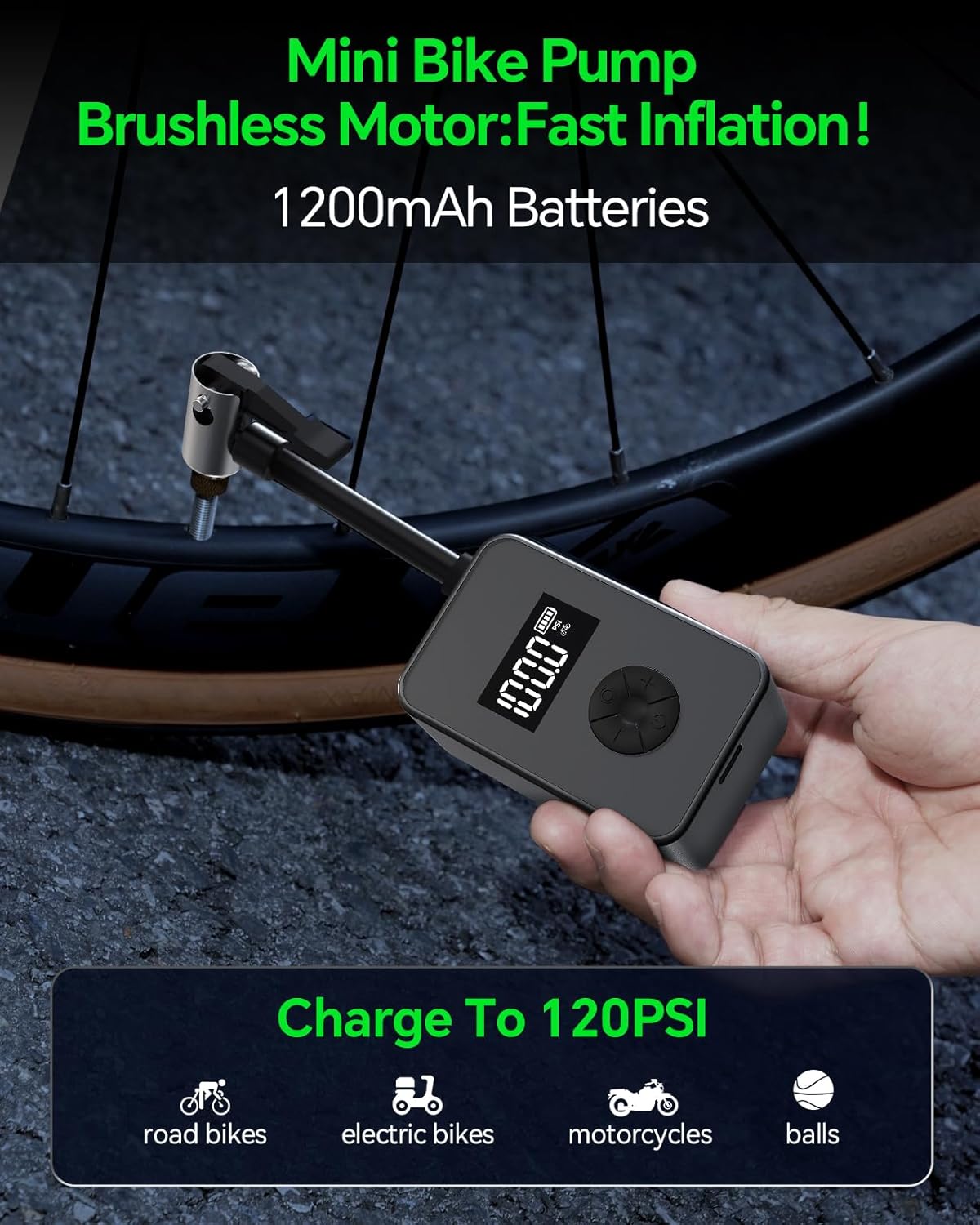 Electric Bike Pump, 130PSI Portable Mini Bicycle Air Pump with Brushless Motor & Gauge, Fast Inflate for Presta & Schrader Valve, for Road Mountain E-Bike, Motorcycle,Car Tires,Rechargeable - Image 2