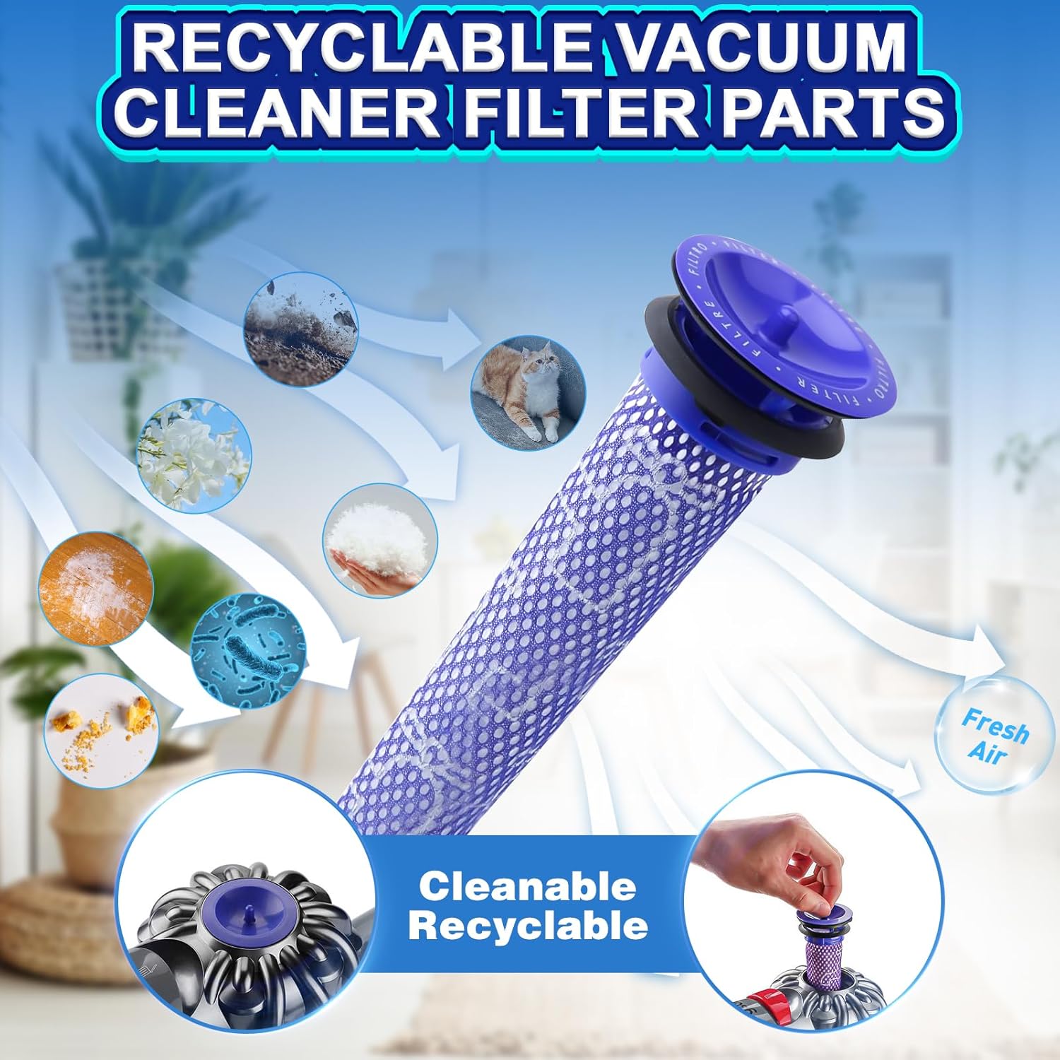 Image showing a purple V8 filter with arrows indicating airflow and various particles it filters, along with icons for 'Cleanable' and 'Recyclable'.