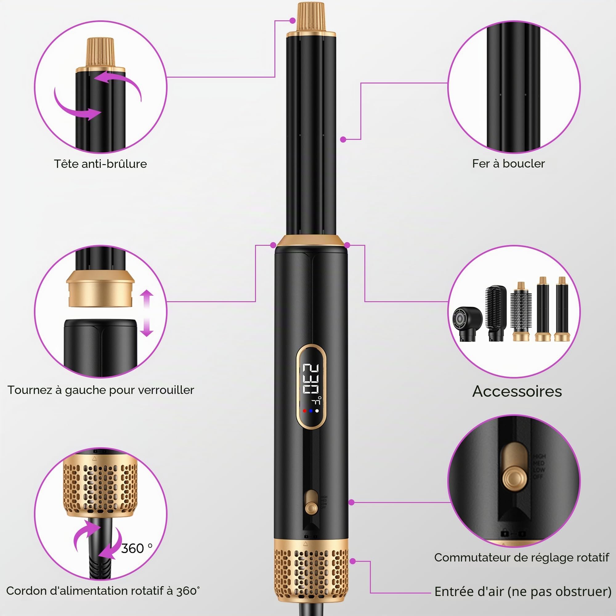 UMIGA 5 en 1 Brosse Soufflante Airstyler Air Styler set Hair Styler Airbrush Fer a Boucler Brosse Soufflante Brosse Lissante Pour Cheveux, Kit de coiffure Pour Sécher