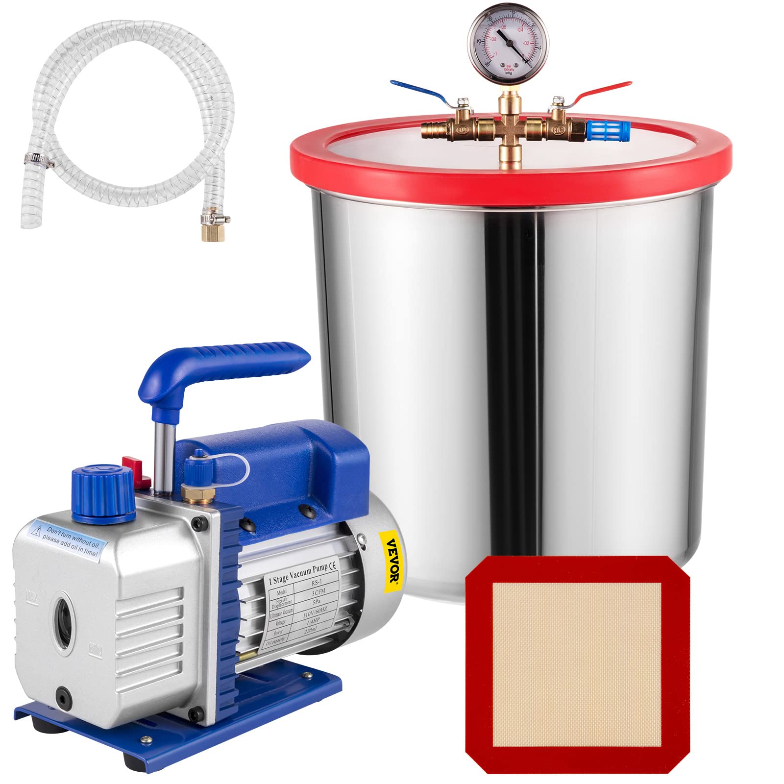 VEVOR Vacuum Chamber for Resin, 5 Gallon Vacuum Chamber with 1-Stage 3CFM Vacuum Pump 1/4HP, Vacuum Pump for Degassing Epoxy, Including Gauge, Silicone Gasket, 5-Foot Hose, 3/4" Acrylic lid