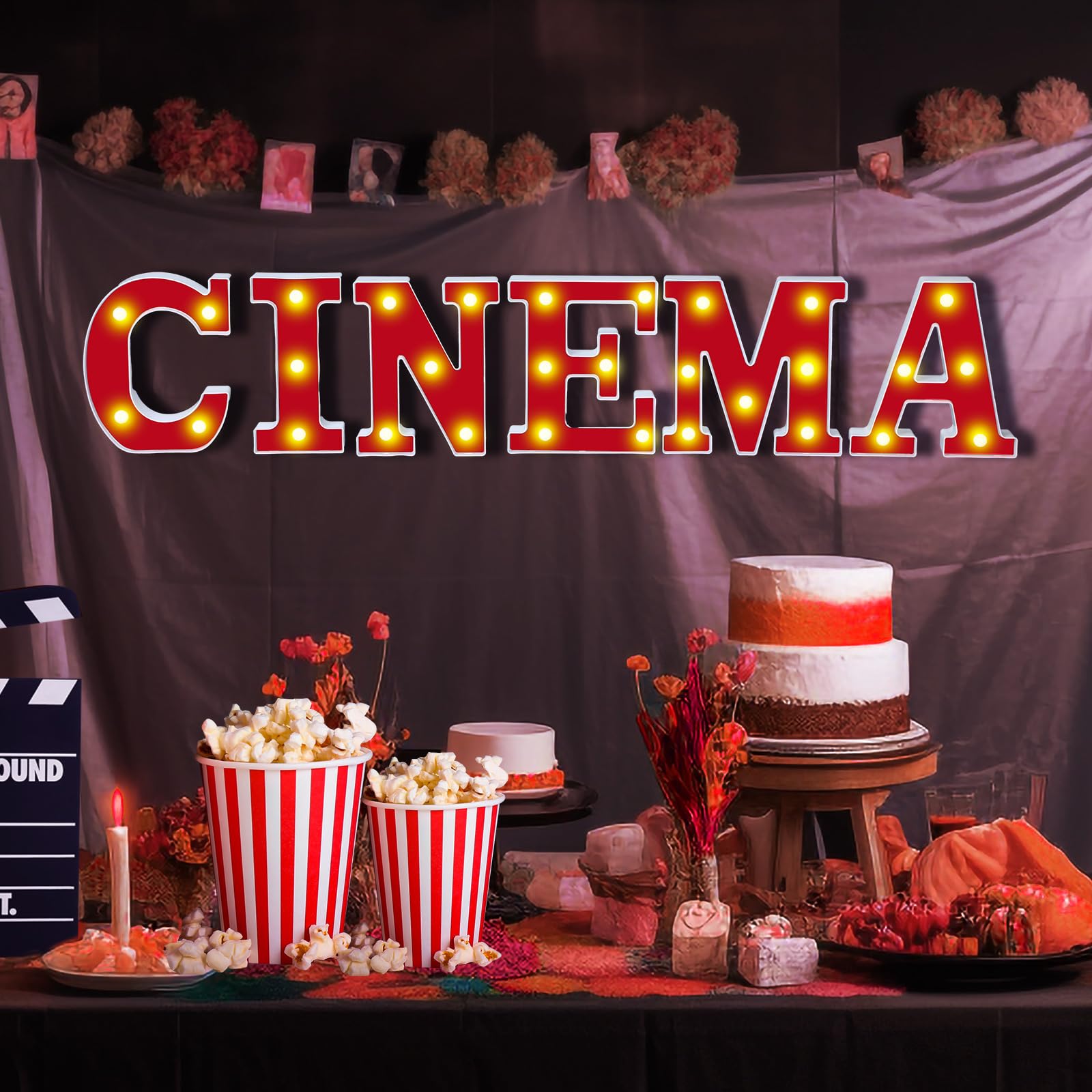 Aurelema Letrero de letras iluminadas para cine, decoración de fiesta, marquesina, letrero iluminado con luces LED del alfabeto, para fiesta nocturna, suministros de decoración de mesa