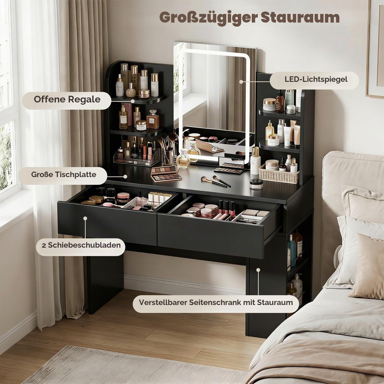 JUMMICO Schminktisch mit Spiegel und Beleuchtung, 3-farbige LED-Beleuchtung, 2 Schubladen, seitlicher Aufbewahrungsschrank, Schwarz, 135x108x40 cm