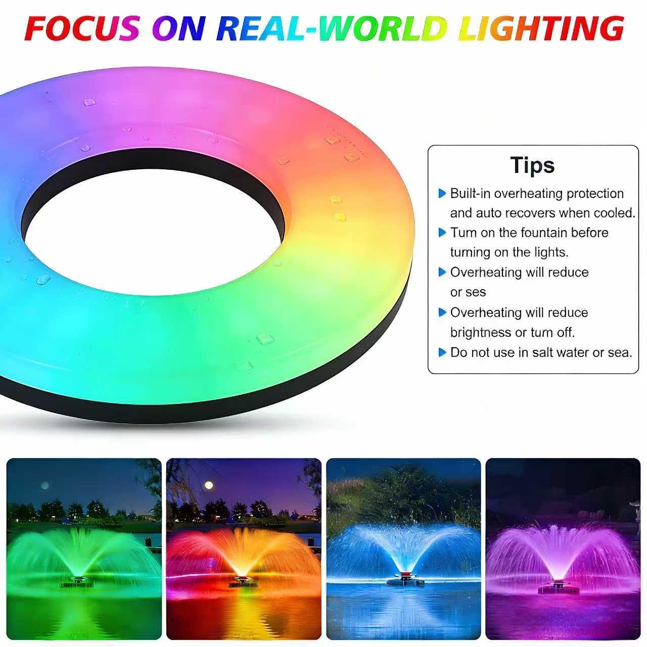 Teichbrunnenbelüfter, Teichbelüfter, mit dynamischer LED-RGB-Beleuchtung, einstellbarer Modi, digitaler Timer, 1 PS 15.000 GPH, 750 W 110 V, 30 m Kabel – für große Teiche, Seen und Wasserspiele im