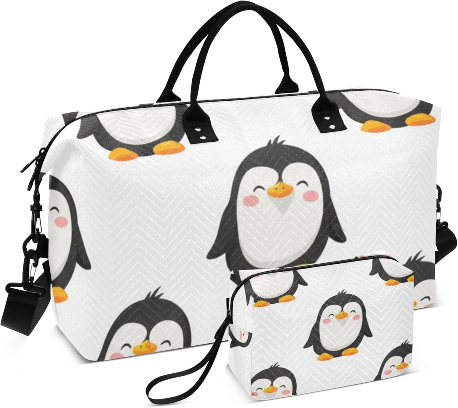 カートゥーン ペンギン ホワイト ダッフルバッグ レディース &amp; メイクアップポーチ 2個セット かわいいアート トート ジ
