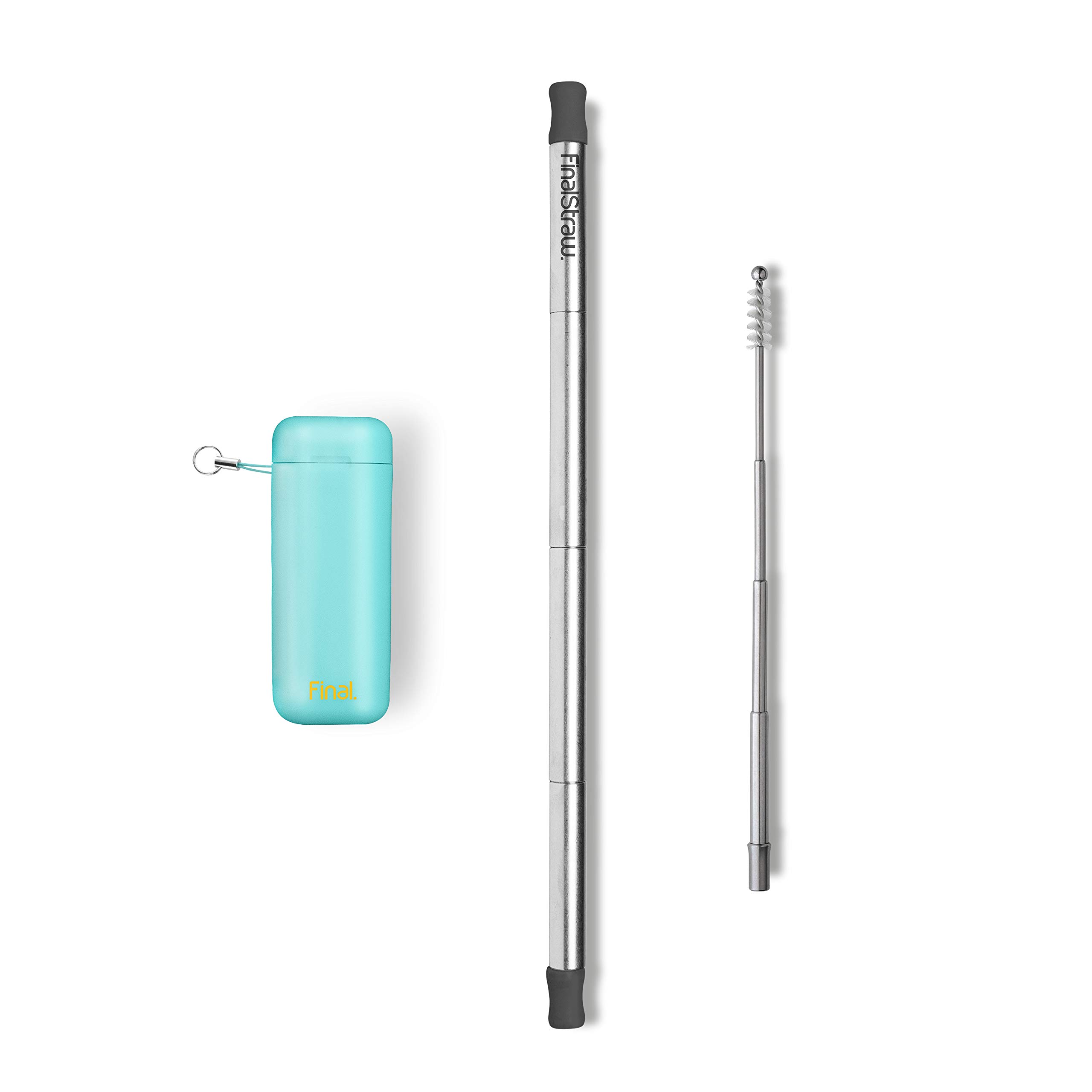 FinalStraw Collapsible, Reusable, Metal Straw | Travel Case, Cleaning Tool | Easy to Clean | Stainless Steel and 100% Silicon Tips | Eco-Friendly | Sea Tur-Teal Case, Silver Stainless Steel