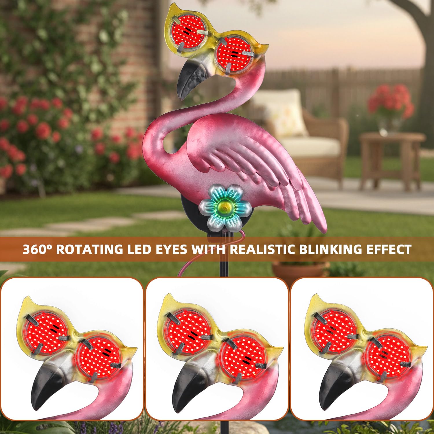 Piquets solaires en forme de flamant rose de 100,8 cm avec globes oculaires mobiles rouges, lampes solaires d'extérieur pour allée, terrasse, pelouse, piquets de jardin