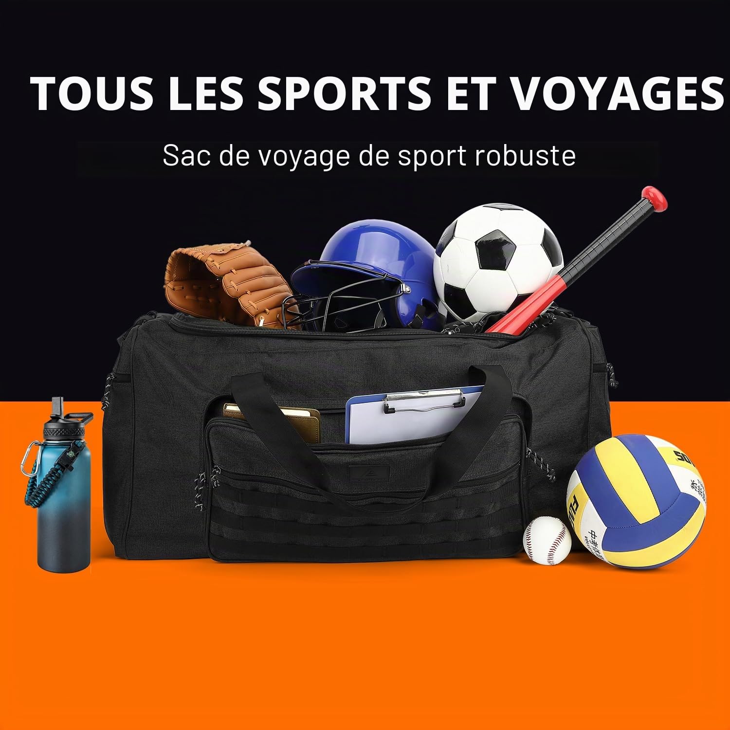 Sac de Sport Extra Large 115 L pour Hommes et Femmes, Sac de Voyage Robuste avec Bandoulière, Sacs de Sport Tactiques pour L'armée, Week-End, Nuitée, Camping, Noir