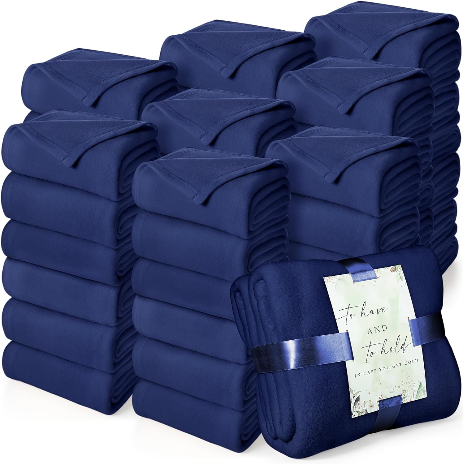 Buryeah 48 Pack Wedding Fleece Throw Blanket Bulk 50 x 60 Inch Soft Lightweight Fleece Lap Blanket with Thank You Cards and Ribbon for Wedding Sleepover Spa Slumber Favors Gifts (Navy)