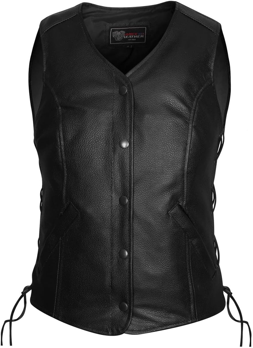 Women's Black Five Snap Leather Motorcycle Vest with Side Laces & Interior Pocket, Classic V-Neck Biker Style Vest