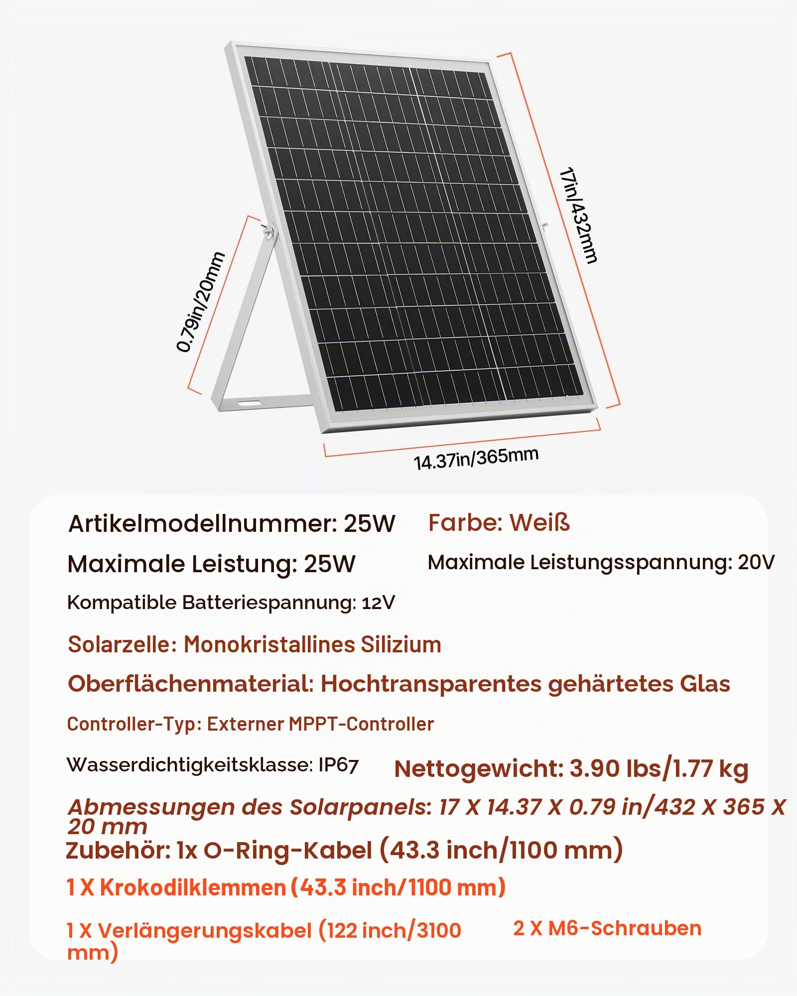VEVOR 12V Monokristallines Solarpanel-Kit 25 W, Batterieladegerät mit MPPT-Controller, IP67 wasserdicht
