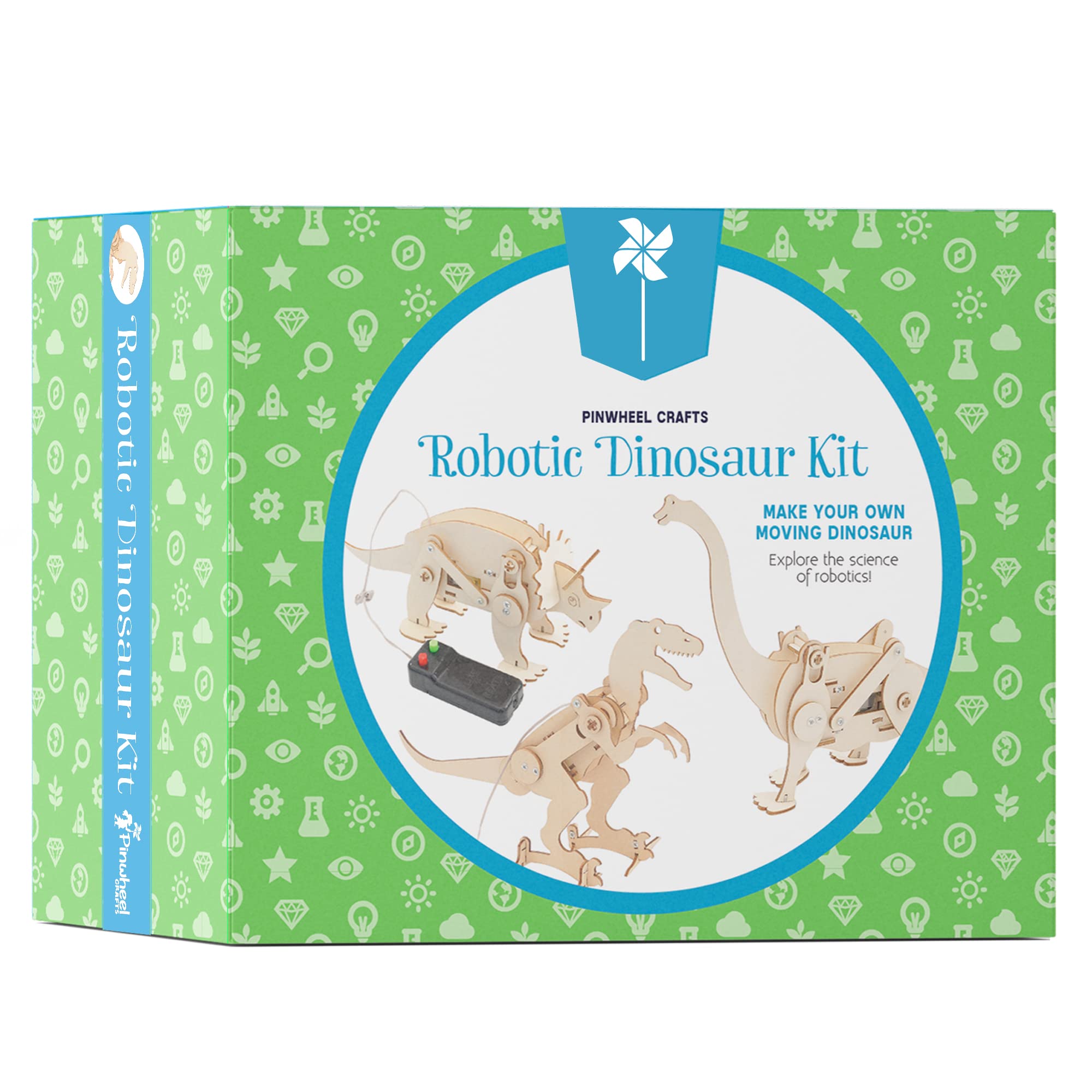 Pinwheel Crafts Robotic Dinosaur Kit - 3-in-1 STEM Kit to Build Mechanical Dinosaur Models - DIY Wooden Construction Kids Science Kit with Paints, Great Science Gifts for Boys & Girls Aged 5+