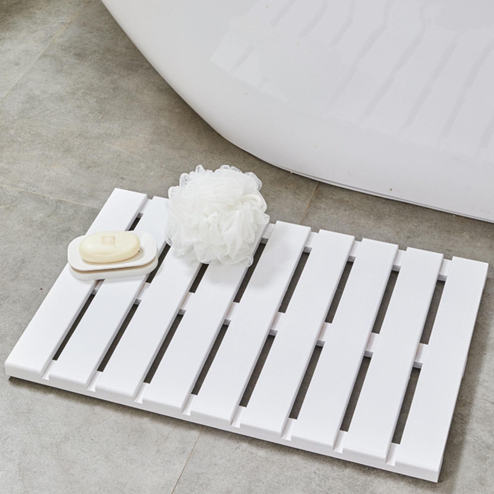 QIYFOZ Bamboo Shower Mat - Anti-Slip Bath Mat with Wide Drainage Slats, Eco-Friendly Design for Spa, Backyard & Bathroom - Essential Home Accessory in White