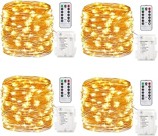 4 Pack 16.4 Feet 50 Led Fairy Lights Battery Operated with Remote Control Timer Waterproof Copper Wire Twinkle String Lights for Christmas Bedroom Indoor Outdoor Wedding Dorm Decor Warm White