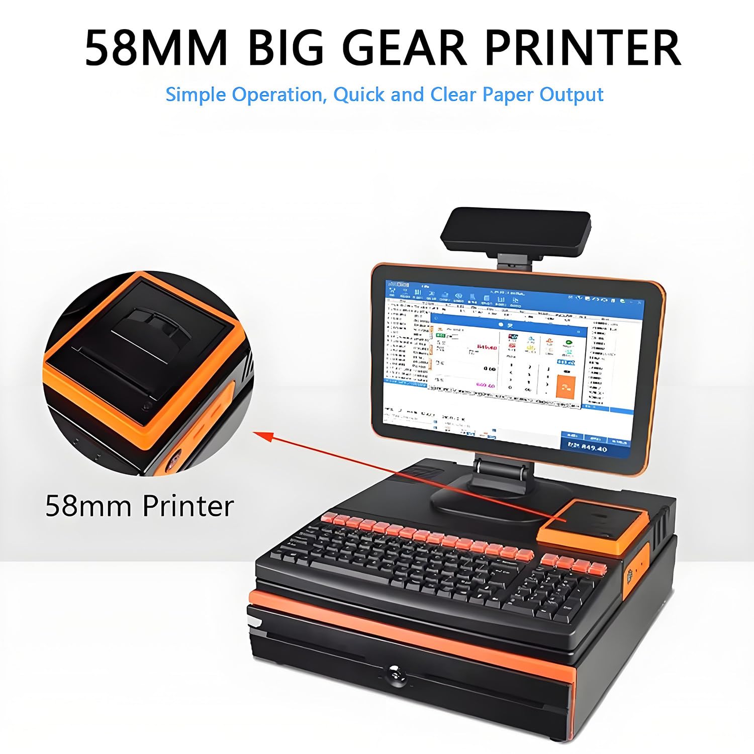 Caja registradora electrónica, Pantalla táctil LED de 15,6", Terminal de Punto de Venta con escáner portátil, Teclado de 101 Teclas, Impresora térmica de 58 mm Orange-SingleScreen