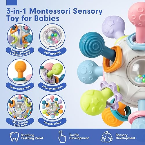 Miniatura 3 de SpringFlower Juguetes Montessori 3 en 1 para bebés de 0-3-6-12 meses, mordedores de sonajero y bloques para bebés y anillos apilables suaves,